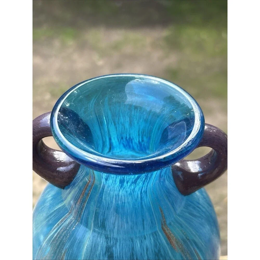 Dale Tiffany Turquoise Glass Vase w Infused Copper Design
